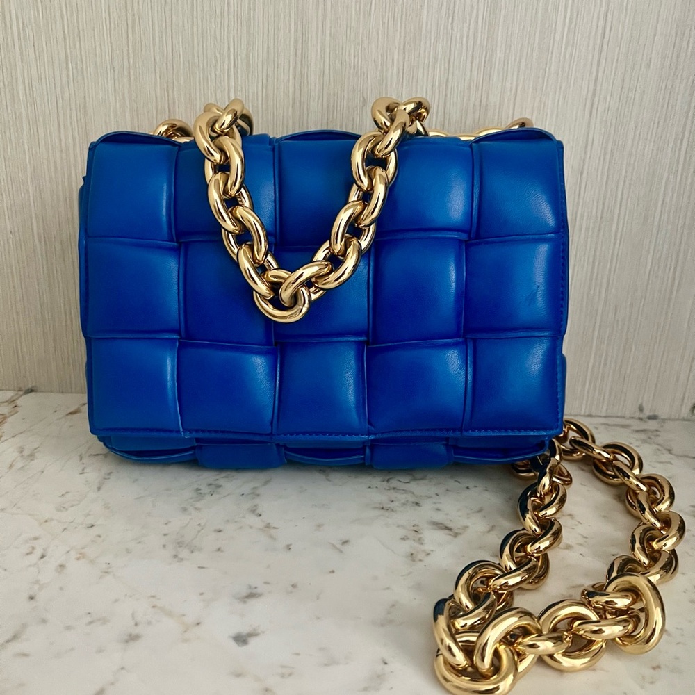 Bottega Veneta Blue Crossbody Bag with Gold Chain